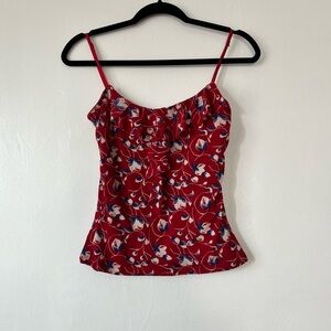 90s mesh floral top. Red and blue with ruffles.